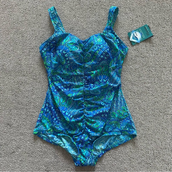 Maxine of Hollywood One Piece Swimsuit Blue Green Paisley Shirred Leg Size 18 - Picture 1 of 4